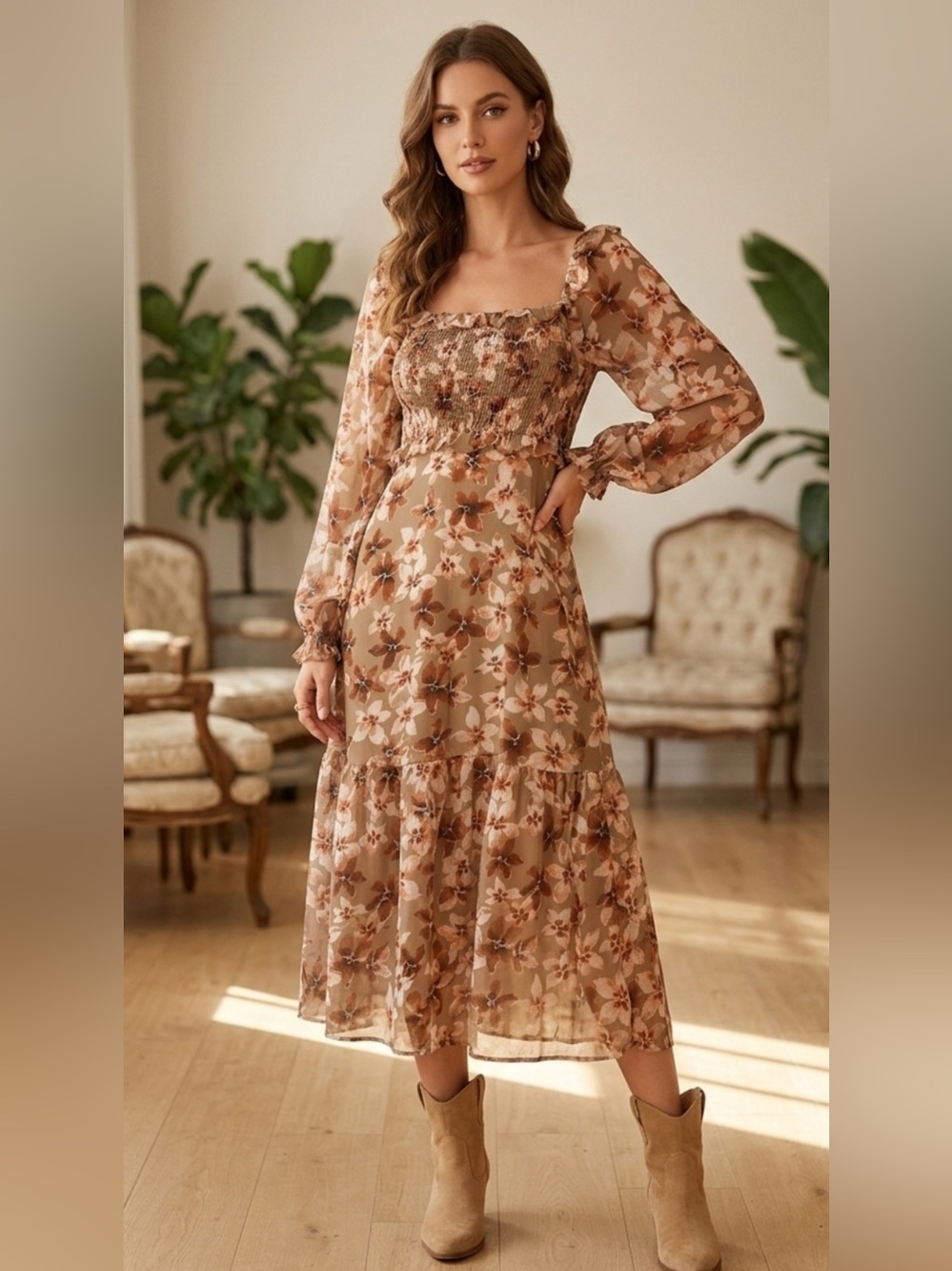 Lumiere Olive Floral Long-Sleeve Ruffle Midi Dress